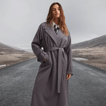 Women's Trench Coat – Oversized Fit – Wool-Like Texture – Full Length – Waist Belt