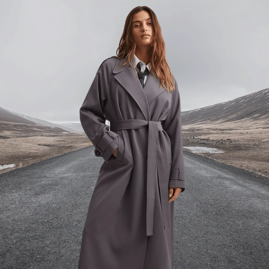 Women's Trench Coat – Oversized Fit – Wool-Like Texture – Full Length – Waist Belt