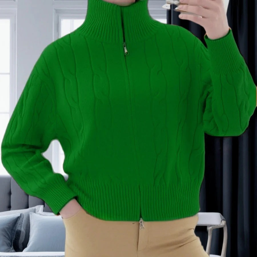 Women's Pullover Sweater – Relaxed Fit – High Collar with Zipper – Cable Knit