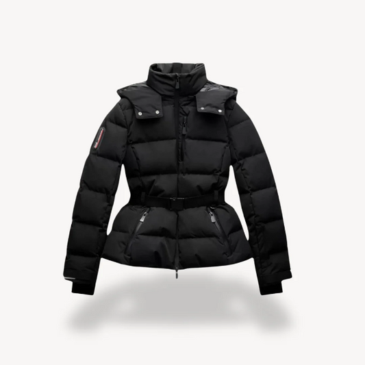 Women’s Puffer Jacket - Quilted Fabric - Hip Length - Belted Waist - High Stand Collar