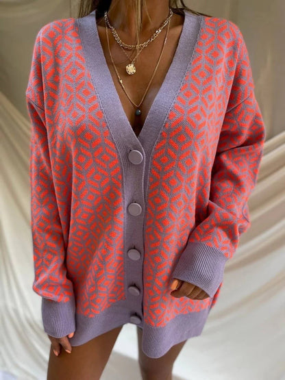 Women's Cardigan – Oversize Fit – Soft Knit – V-Neck – Geometric Pattern