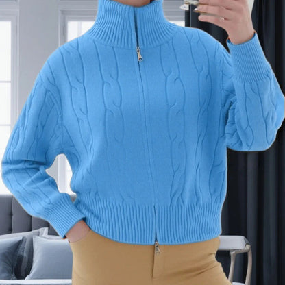Women's Pullover Sweater – Relaxed Fit – High Collar with Zipper – Cable Knit