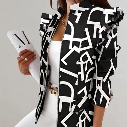 Women's Jacket – Tailored Fit – Checkered Pattern – Ruched Shoulder – Stand Collar