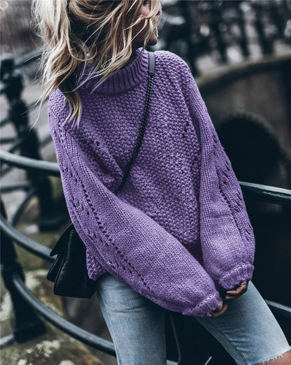 Women's Pullover Sweater – Oversize Fit – Chunky Knit – Turtleneck with Eyelet Details