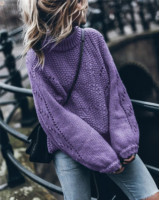 Women's Pullover Sweater – Oversize Fit – Chunky Knit – Turtleneck with Eyelet Details