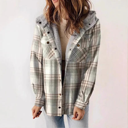 Women's Shirt – Checkered – Relaxed Fit – Lined with Fleece – Hood – Button Closure