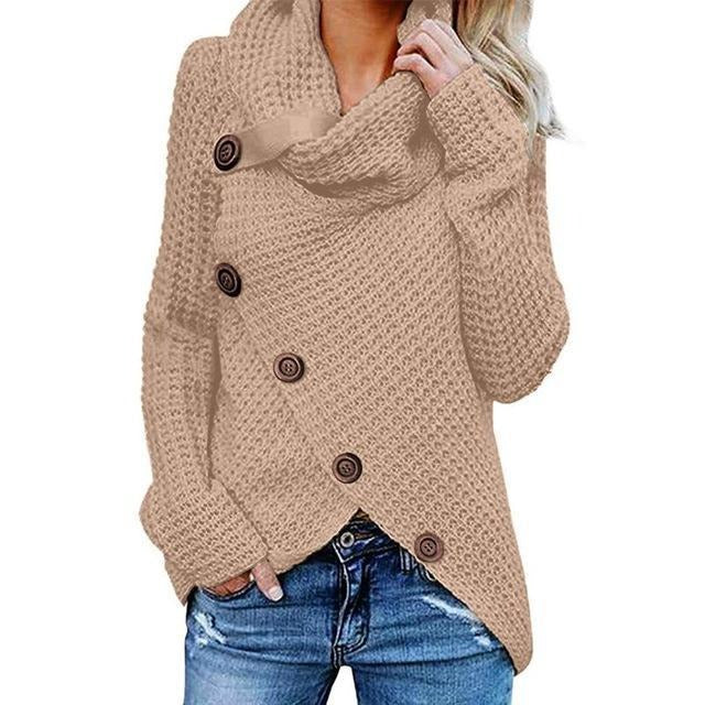Women's Sweater – Relaxed Fit – Waffle Knit – Cowl Neck – Asymmetric Button Closure