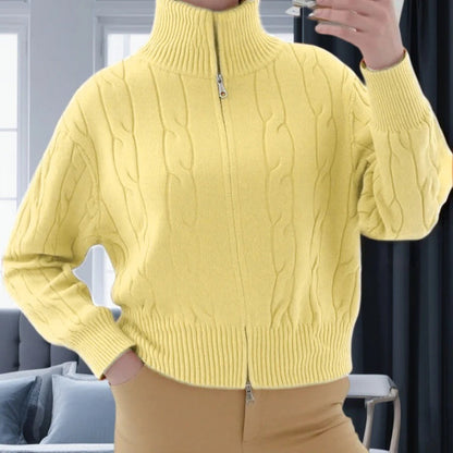 Women's Pullover Sweater – Relaxed Fit – High Collar with Zipper – Cable Knit