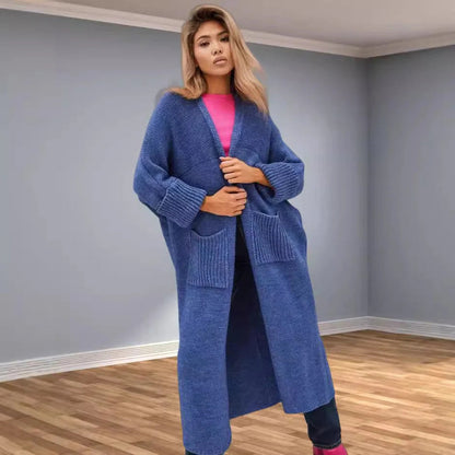 Women's Knit Coat – Oversized Fit – V-Neck – Long Sleeves with Pockets