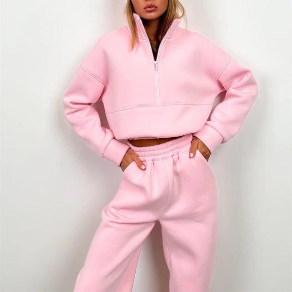 Women's Sweat Set – Relaxed Fit – High Collar with Zipper – Elastic Waist – Soft and Breathable