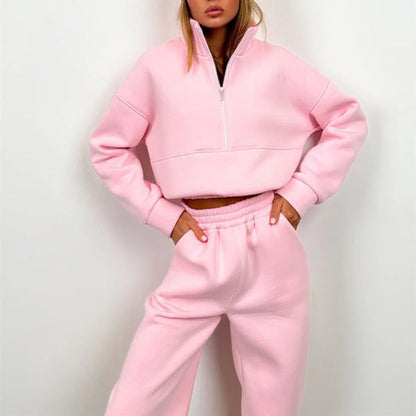 Women's Sweat Set – Relaxed Fit – High Collar with Zipper – Elastic Waist – Soft and Breathable