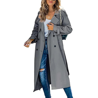 Women's Trench Coat – Long Straight Silhouette – Relaxed Fit – Belt – Double-Breasted