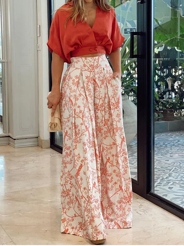 Women's Set – Casual Cropped Top with Dolman Sleeves – Wide Pants with High-Waisted Fit – Light and Breathable Design