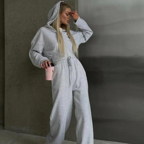 Women's Lounge Set – Zip-Up Hoodie – Oversized Fit – Wide-Leg Pants – Soft Cotton Blend