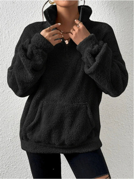 Women's sweatshirt in fleece – relaxed fit – stand-up collar – zipper – kangaroo pocket
