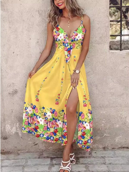 Women's Maxi Dress – A-Line Fit – Spaghetti Straps – V-Neck – Floral Print – Slit