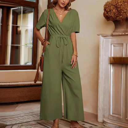 Women's Jumpsuit – Relaxed Fit – Waist Tie – Short Sleeves – Pockets