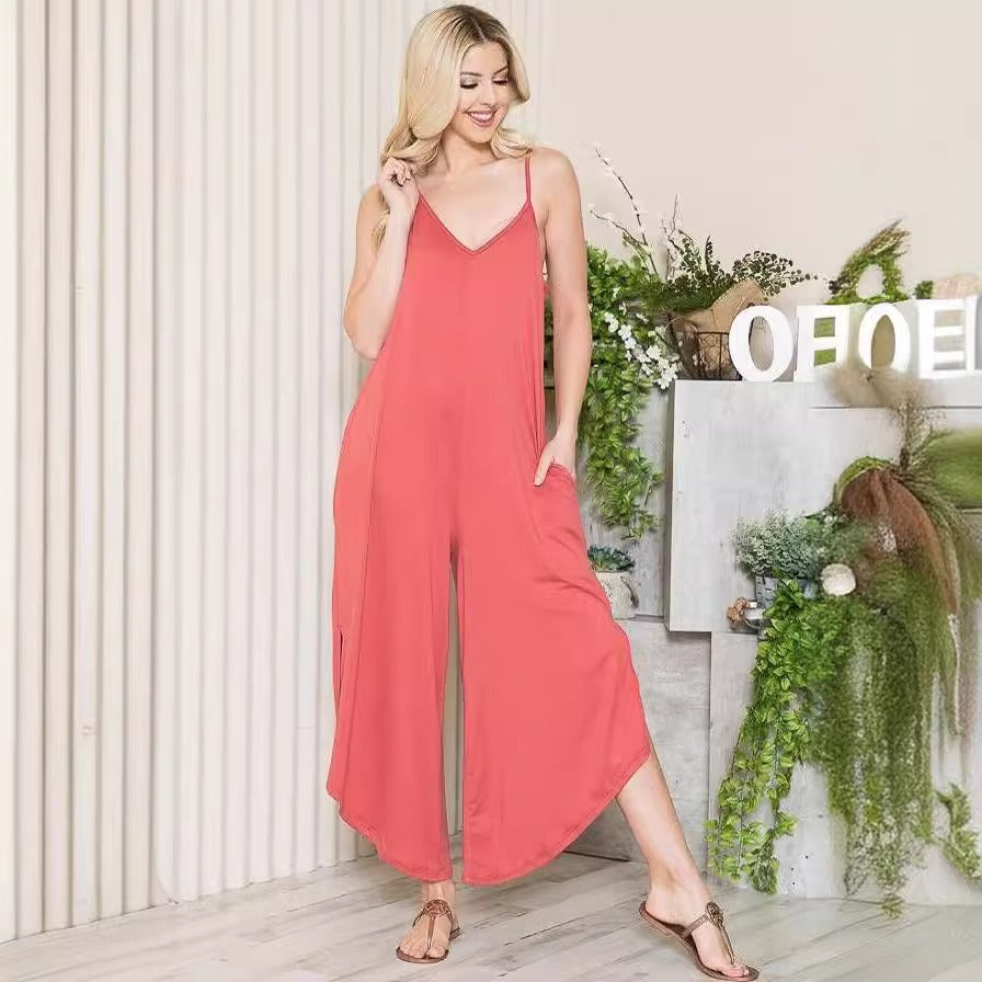 Women's Jumpsuit – Relaxed Fit – Sleeveless V-neck – Wide Legs – With Pockets