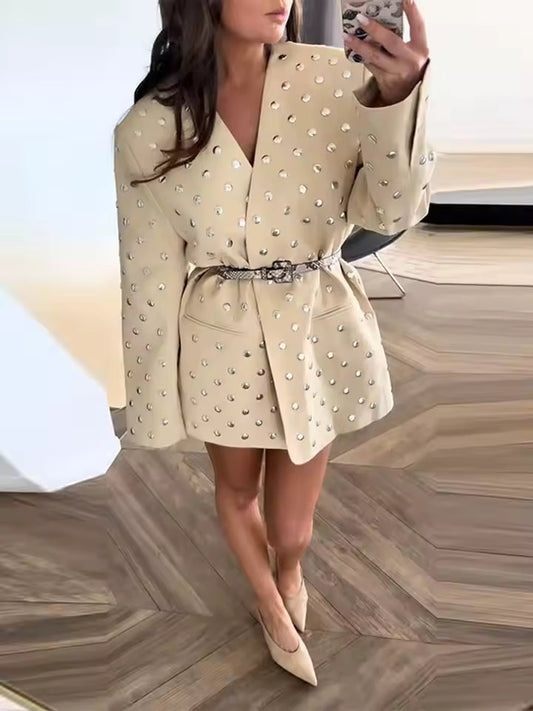 Women's Jacket – Loose Fit – Open Front – Belted Waist – Stud Details