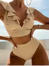 Women's Bikini Set – V-neck Top with Ruffles – High-waisted Bottom – Stretchable Comfort Fit
