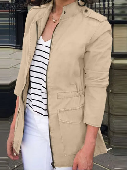 Women's Cargo Jacket – Relaxed Fit – Cotton – Zipper – Stand Collar – Flap Pockets