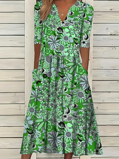 Women's Maxi Dress – Floral Print – V-Neck – Short Sleeve – Pockets – Breathable Design