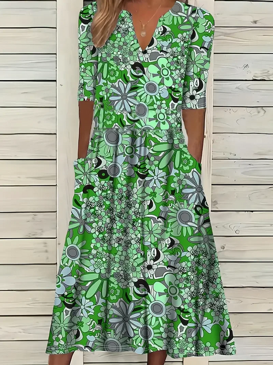 Women's Maxi Dress – Floral Print – V-Neck – Short Sleeve – Pockets – Breathable Design