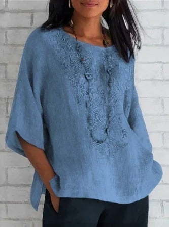 Women's Blouse – Relaxed Fit – Embroidered Front – Short Sleeves – Breathable Material