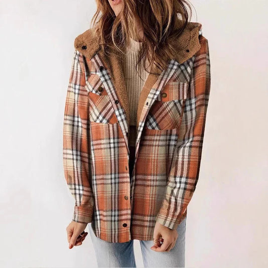 Women's Shirt – Checkered – Relaxed Fit – Lined with Fleece – Hood – Button Closure