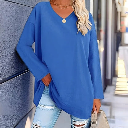Women's Shirt with Long Sleeves – Oversized Fit – Soft Cotton – V-neck Casual Style