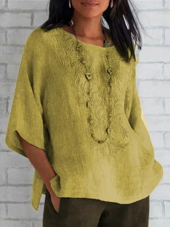 Women's Blouse – Relaxed Fit – Embroidered Front – Short Sleeves – Breathable Material