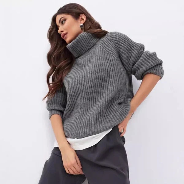 Women's Knit Sweater – Relaxed Fit – High Turtleneck – Soft Ribbed Wool Texture