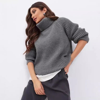 Women's Knit Sweater – Relaxed Fit – High Turtleneck – Soft Ribbed Wool Texture