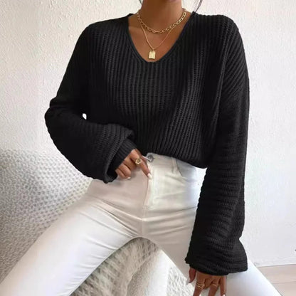 Women's Knit Sweater – Relaxed Fit – V-Neck – Rib Knit – Long Sleeves Comfort Style