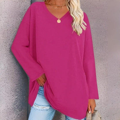 Women's Shirt with Long Sleeves – Oversized Fit – Soft Cotton – V-neck Casual Style
