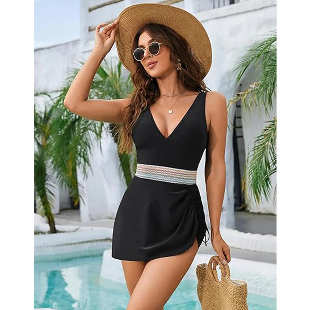 Badedragt til Kvinder – V-halsudskæring – Rynkede Sider – Taljebånd – Nederdelslook