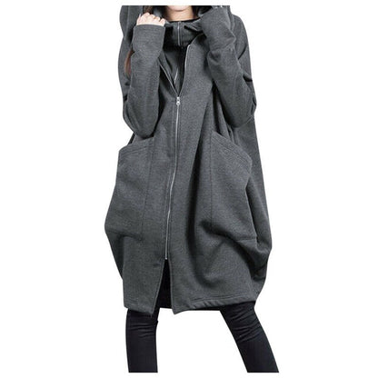 Women's Coat – Mid-Length – Oversized Fit – Hood – Zipper – Large Pockets