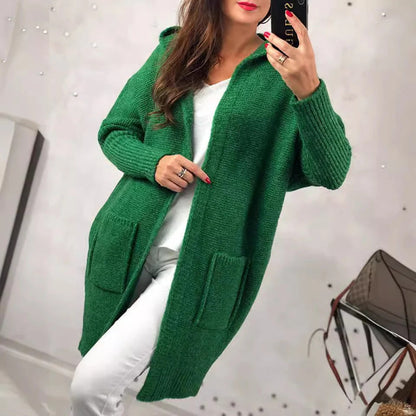 Women's Cardigan – Oversized Fit – Knitted Wool Look – Hood – Pockets – Long Sleeves