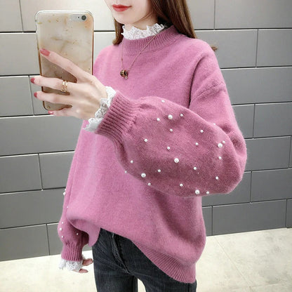 Women's Knit Sweater – Relaxed Fit – Pearl Details – Voluminous Sleeves – High Neck