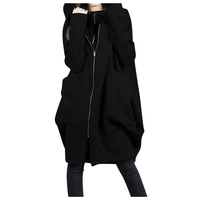 Women's Coat – Mid-Length – Oversized Fit – Hood – Zipper – Large Pockets