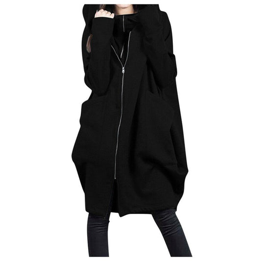 Women's Coat – Mid-Length – Oversized Fit – Hood – Zipper – Large Pockets