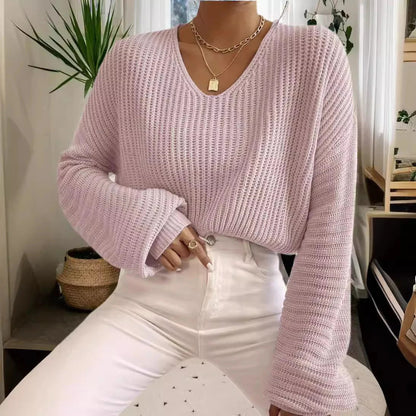 Women's Knit Sweater – Relaxed Fit – V-Neck – Rib Knit – Long Sleeves Comfort Style