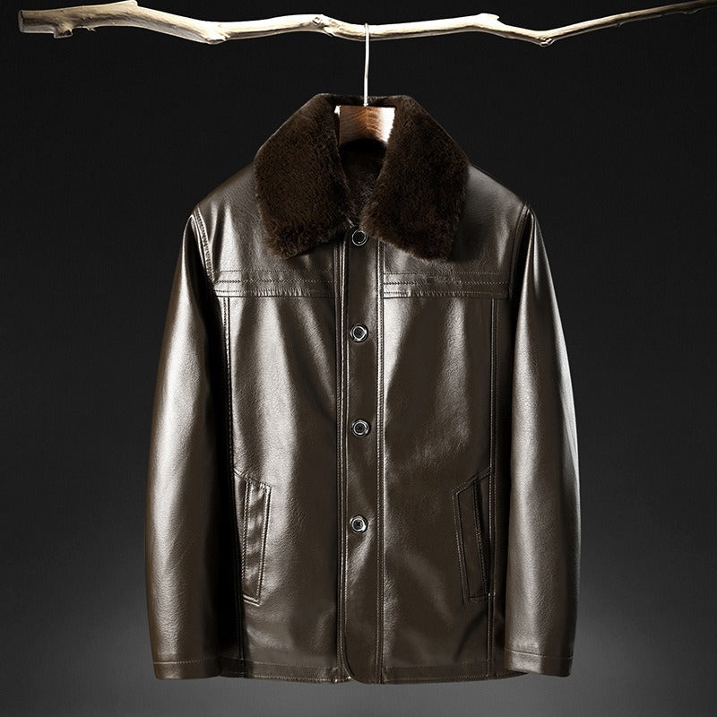 Men's Leather Jacket – Tailored Fit – Fur Collar – Button Closure – Waist Length