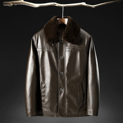 Men's Leather Jacket – Tailored Fit – Fur Collar – Button Closure – Waist Length