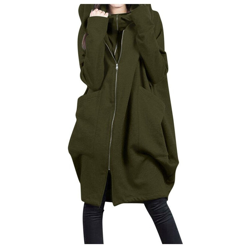 Women's Coat – Mid-Length – Oversized Fit – Hood – Zipper – Large Pockets