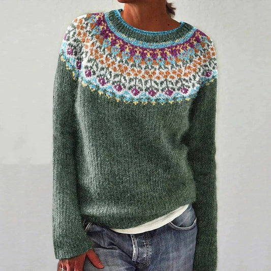Women's Knit Sweater – Relaxed Fit – Wool Knit – Patterned Yoke – Round Neck – Long Sleeves