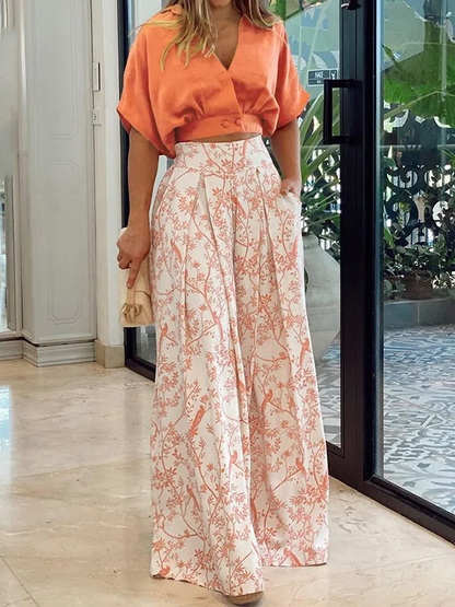 Women's Set – Casual Cropped Top with Dolman Sleeves – Wide Pants with High-Waisted Fit – Light and Breathable Design