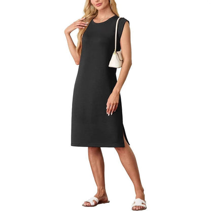 Women's Dress without Sleeves – Relaxed Fit – Round Neck – Midi – With Pockets and Slit
