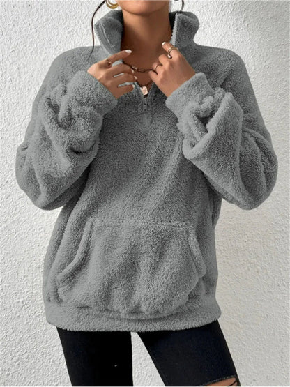 Women's sweatshirt in fleece – relaxed fit – stand-up collar – zipper – kangaroo pocket