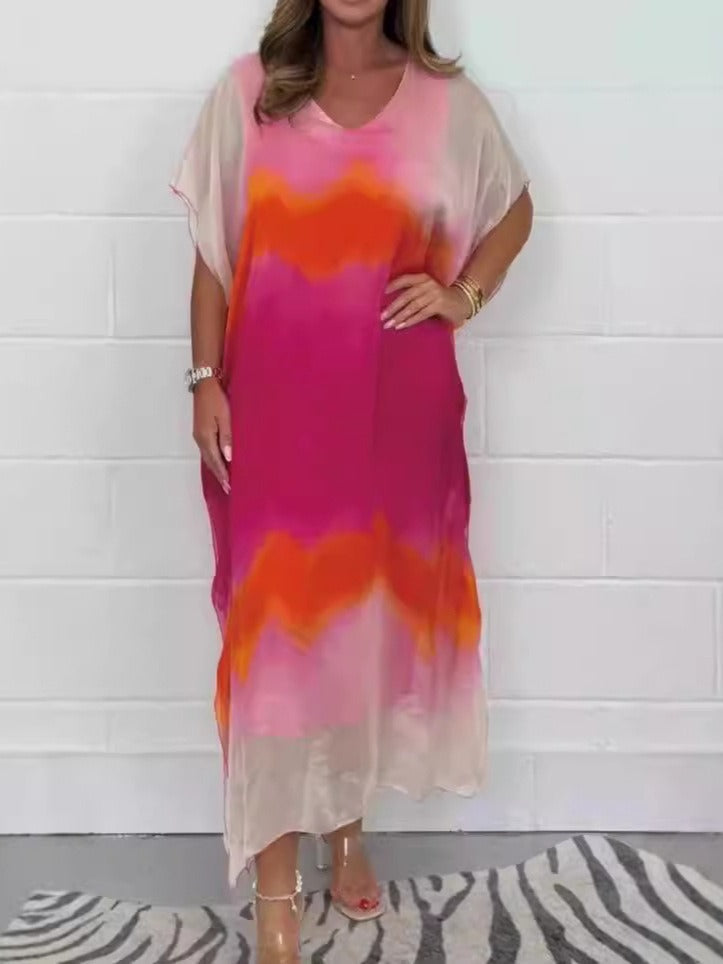 Dress for Women – Maxi Length – Airy Fit – V-Neck – Short Sleeves – Ombre Design